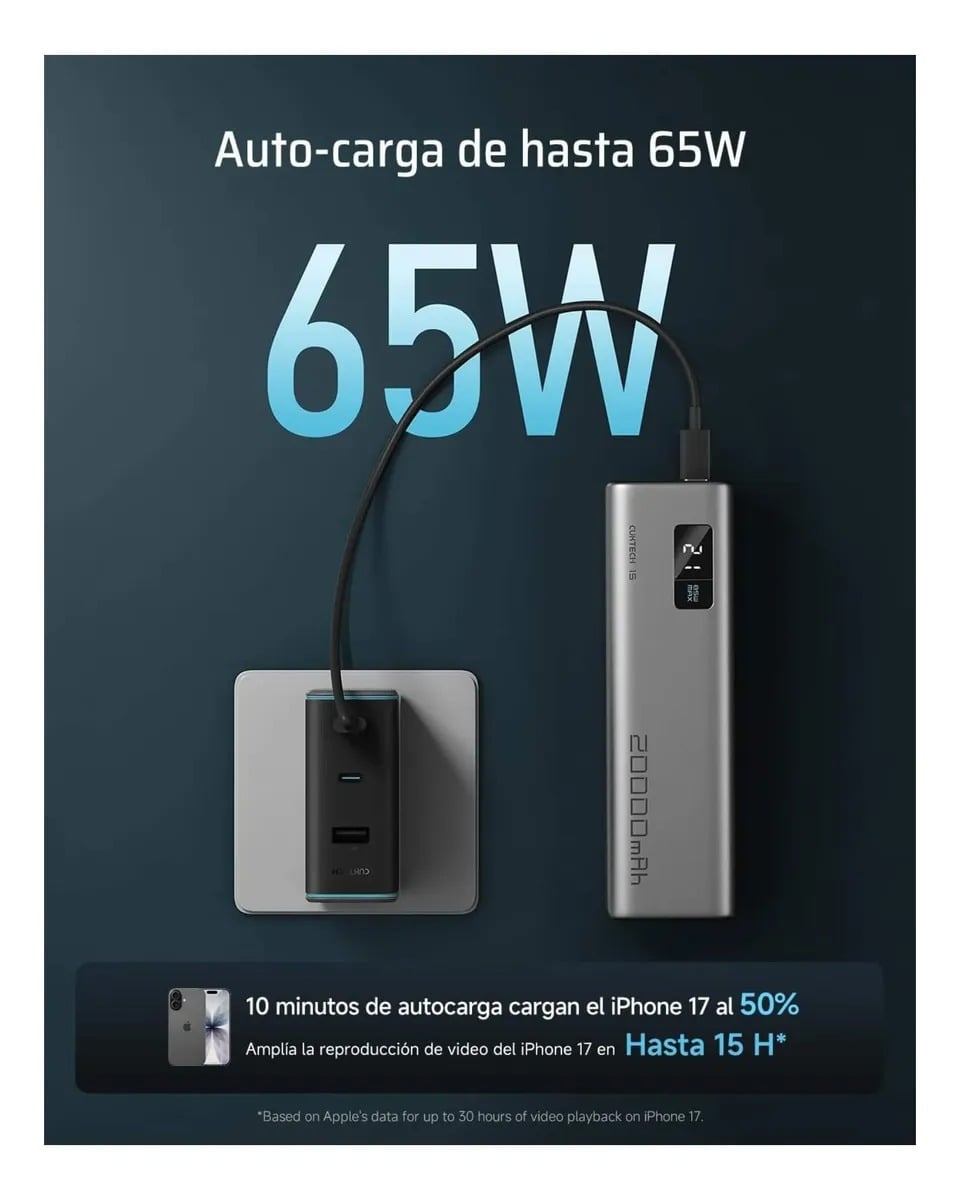 Cargador Portatil CUKTECH 20000mAh Carga Rápida 85W Garantia de 1 Año - 3