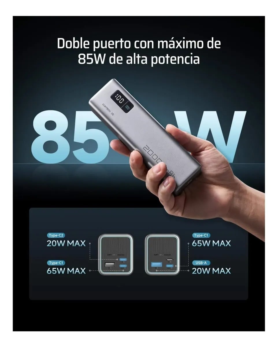 Cargador Portatil CUKTECH 20000mAh Carga Rápida 85W Garantia de 1 Año - 6