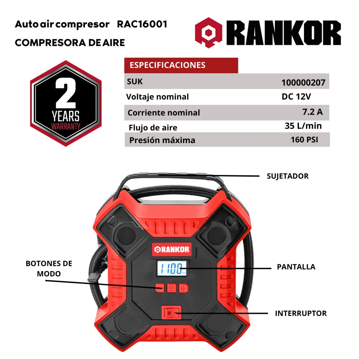 INFLADOR DE LLANTAS CON PANTALLA DIGITAL RANKOR GARANTIA DE 2 AÑOS - 10