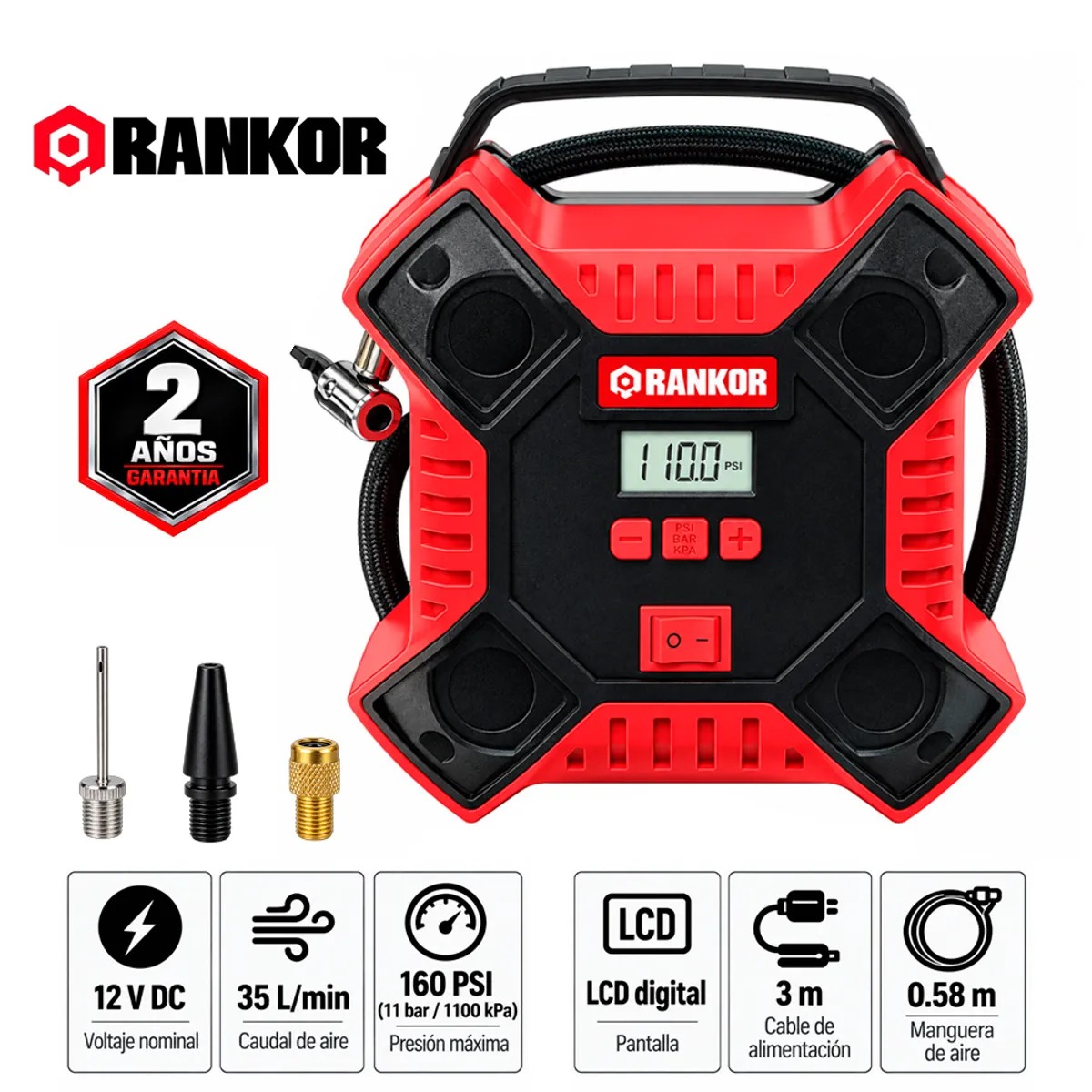 INFLADOR DE LLANTAS CON PANTALLA DIGITAL RANKOR GARANTIA DE 2 AÑOS - 2
