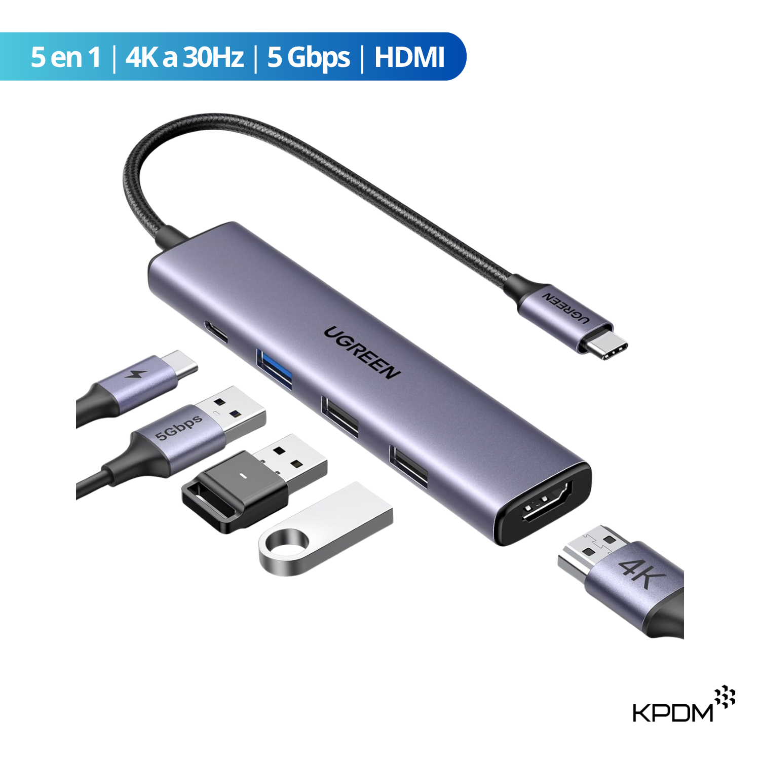 UGREEN REVODOK 105 (CM478) HUB USB-C 5 EN 1 DE 5GBPS 4K A 30HZ HDMI para Laptop / Tablet / MacBook / iPad - 1