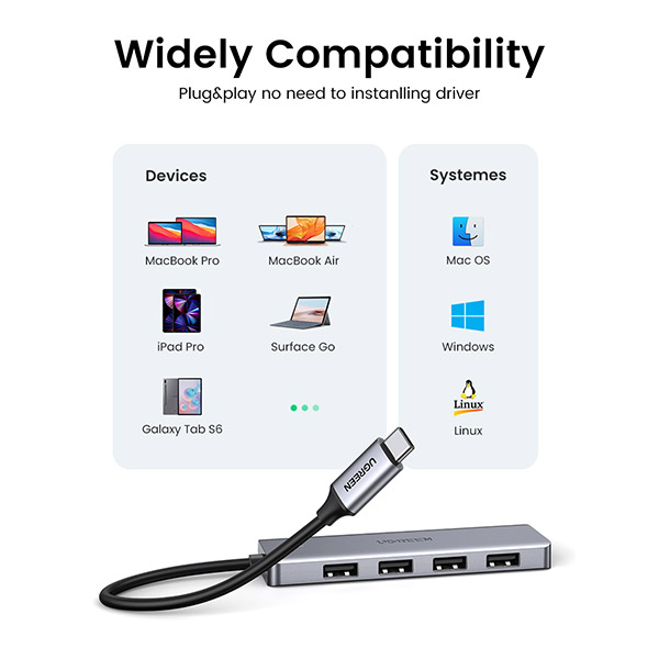 ADAPTADOR UGREEN CM219 USB-C 3.0 DE 4 PUERTOS GRIS - 3