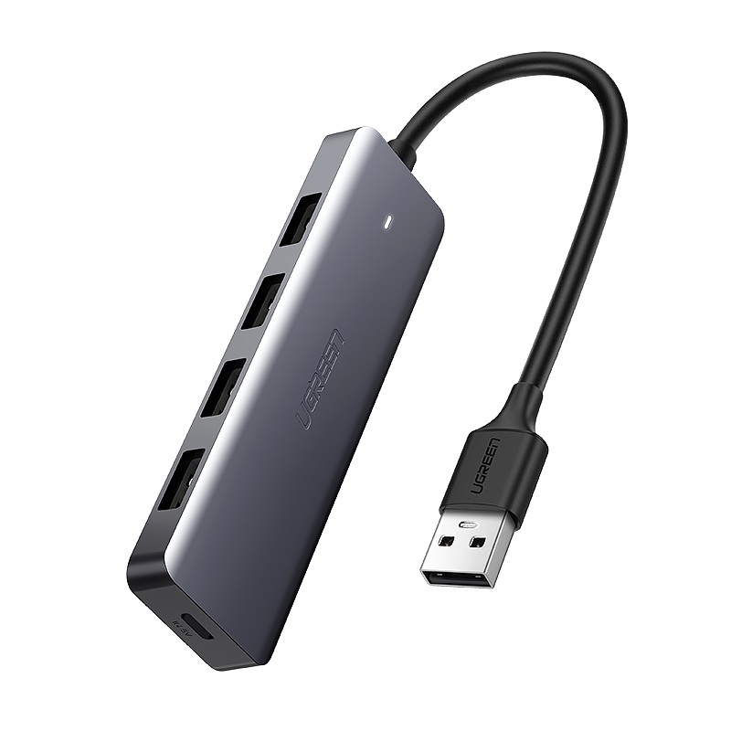 ADAPTADOR USB 3.0 DE 4 PUERTOS UGREEN CON FUENTE DE ALIMENTACIÓN USB CM219 GRIS - 1