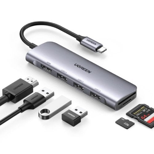ADAPTADOR UGREEN USB-C A 2 PUERTOS USB 3.0-A + HDMI + TF/SD, CM195 GRIS - 2