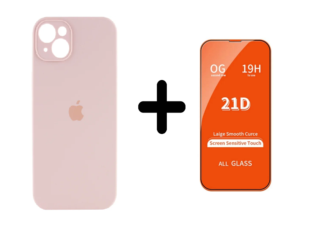 CASE SILICON Y VIDRIO TEMPLADO PARA IPHONE 15 PLUS BEIGE - 1
