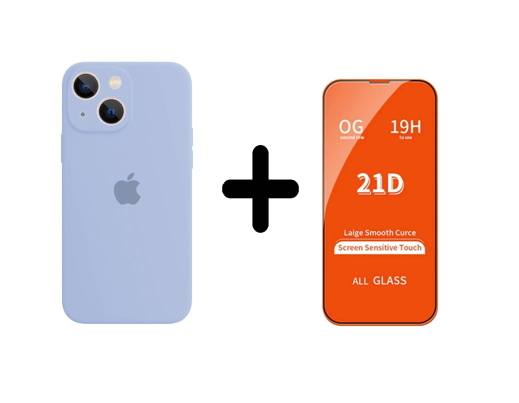CASE SILICON Y VIDRIO TEMPLADO PARA IPHONE 15 PLUS AZUL CIELO - 1