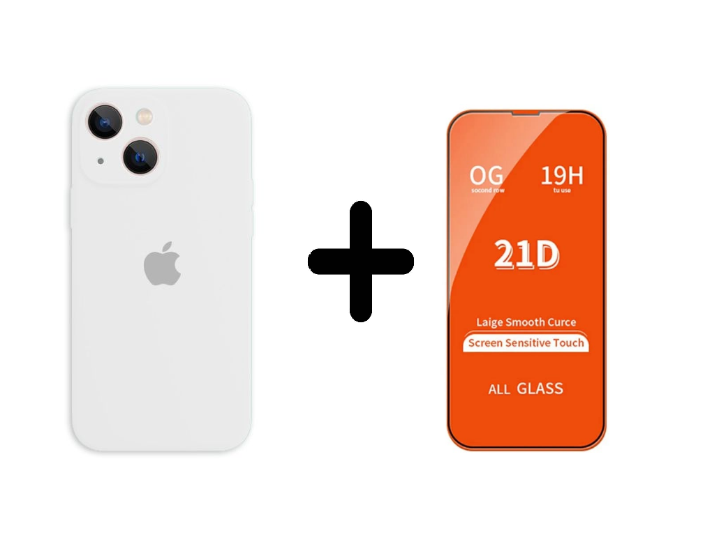 CASE SILICON Y VIDRIO TEMPLADO PARA IPHONE 15 PLUS BLANCO - 1