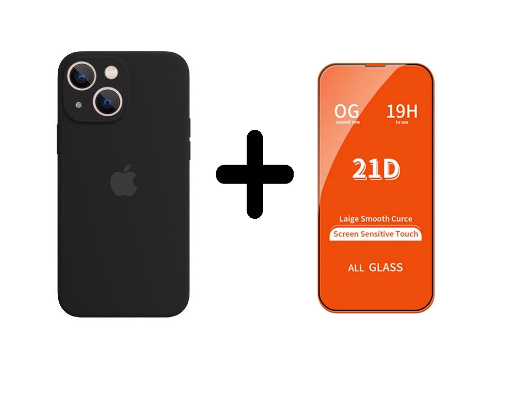 CASE SILICON Y VIDRIO TEMPLADO PARA IPHONE 15 PLUS NEGRO - 1