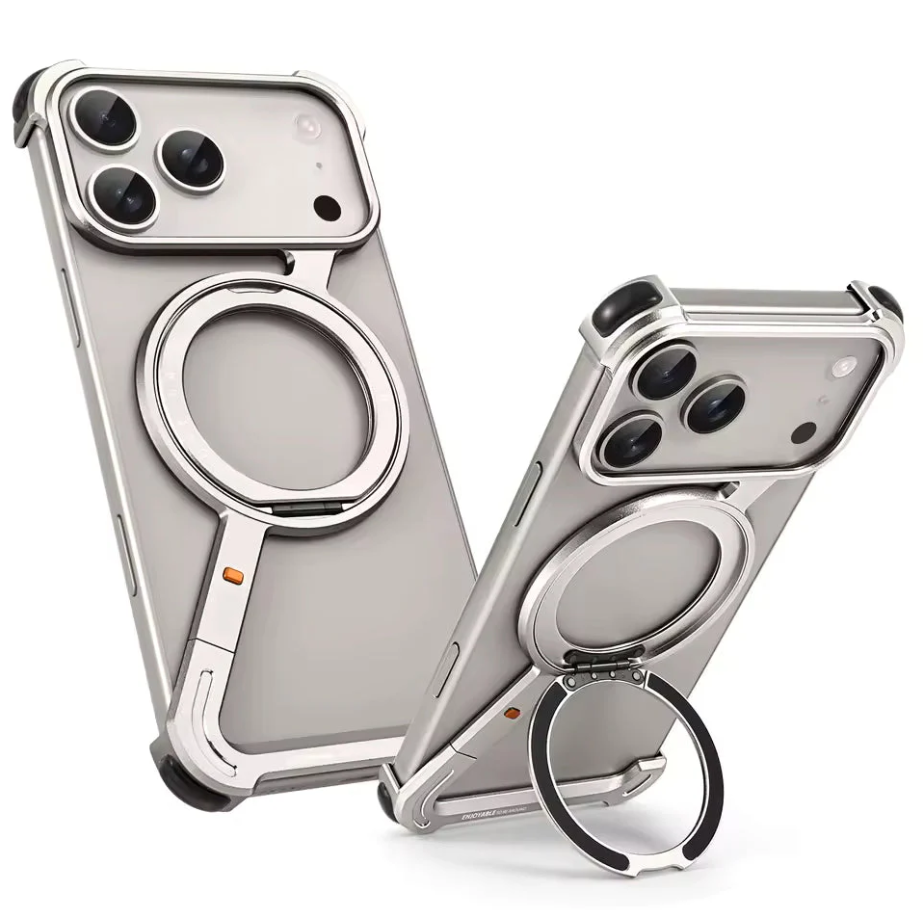 FUNDA DE TITANIO PARA IPHONE 17 PRO MAX SOPORTE GIRATORIO DE 360 - TITANIO - 1
