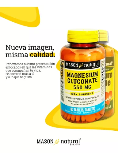 SUPLEMENTO MASON NATURAL MASON GLUCONATO DE MAGNESIO 550MG 100 TABLETAS 03 FRASCOS - 4