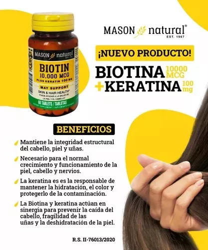 SUPLEMENTO MASON NATURAL BIOTINA MASON 10.000MCG + KERATINA 100MCG 60 TABLETAS - 3