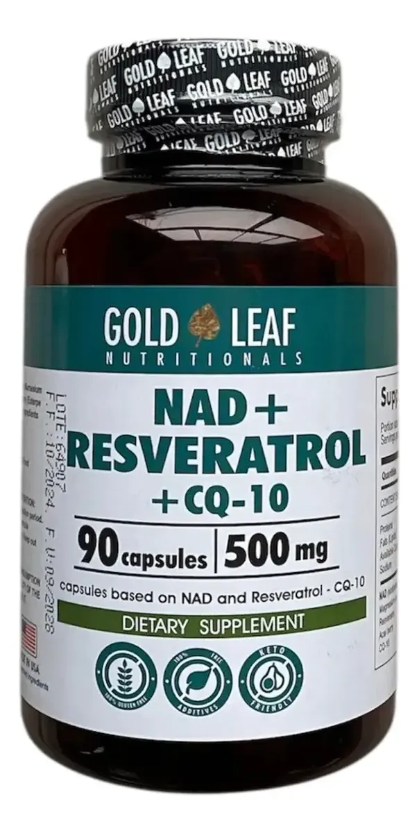 NAD+ RESVERATROL + CQ 10 GOLD LEAF 500MG 90 CAPSULAS - 1