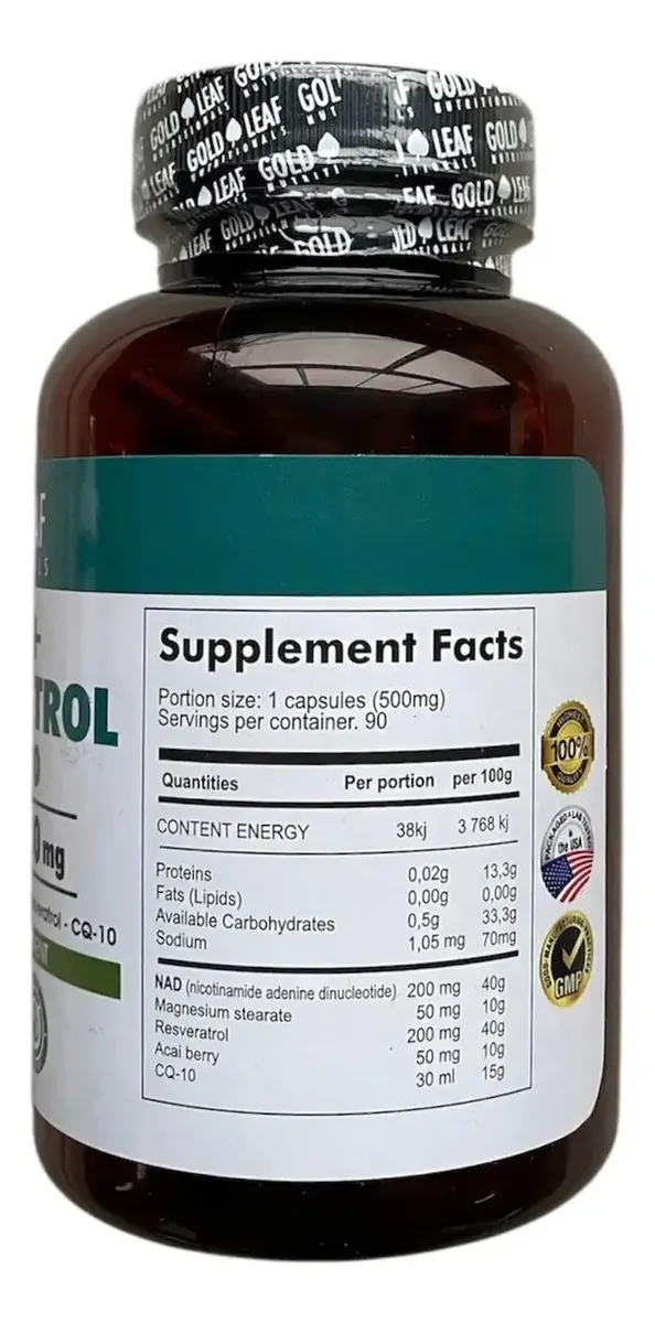 NAD+ RESVERATROL + CQ 10 GOLD LEAF 500MG 90 CAPSULAS - 2