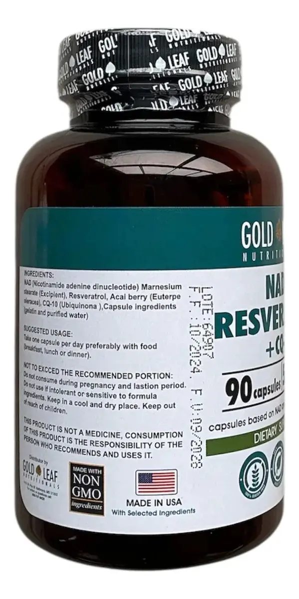 NAD+ RESVERATROL + CQ 10 GOLD LEAF 500MG 90 CAPSULAS - 3
