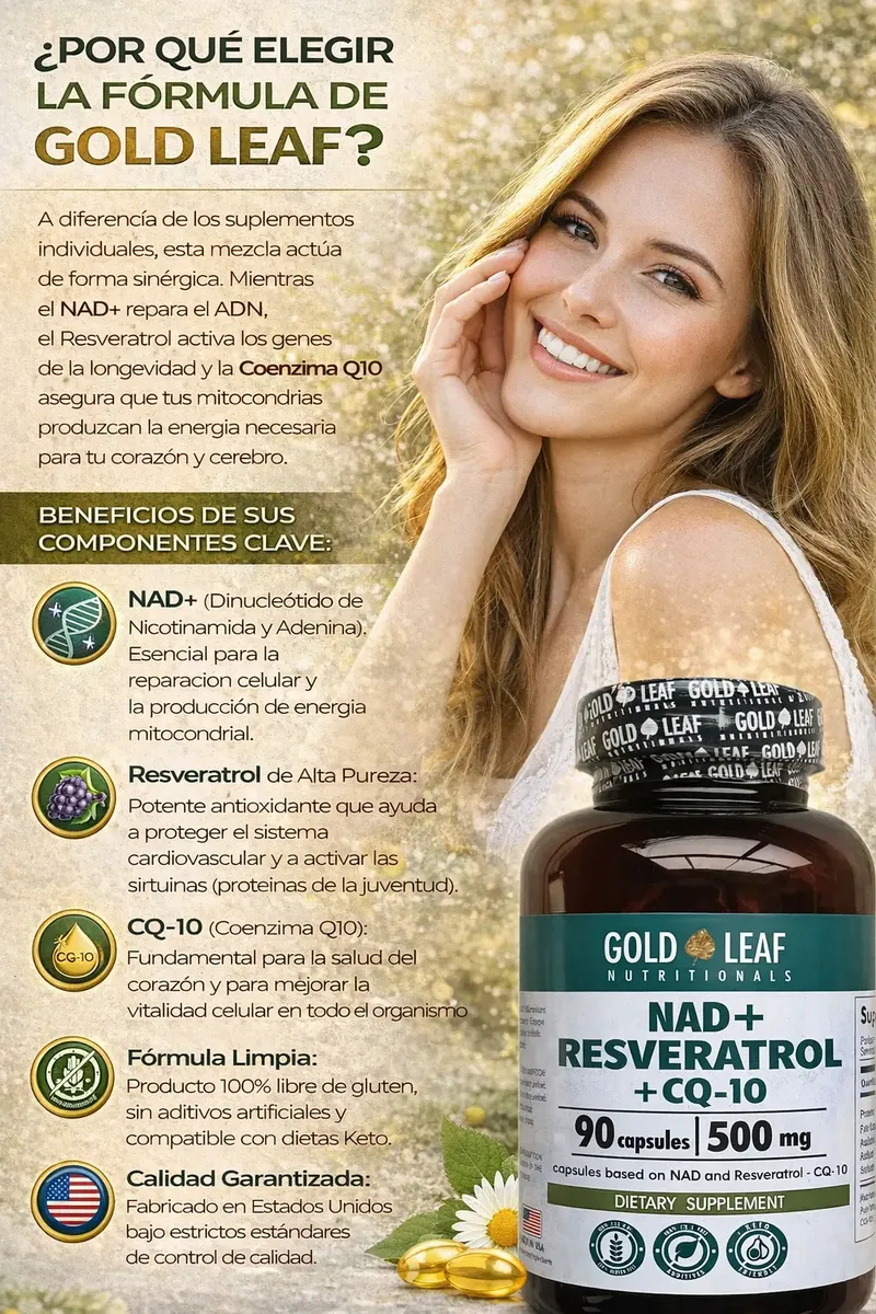 NAD+ RESVERATROL + CQ 10 GOLD LEAF 500MG 90 CAPSULAS - 4