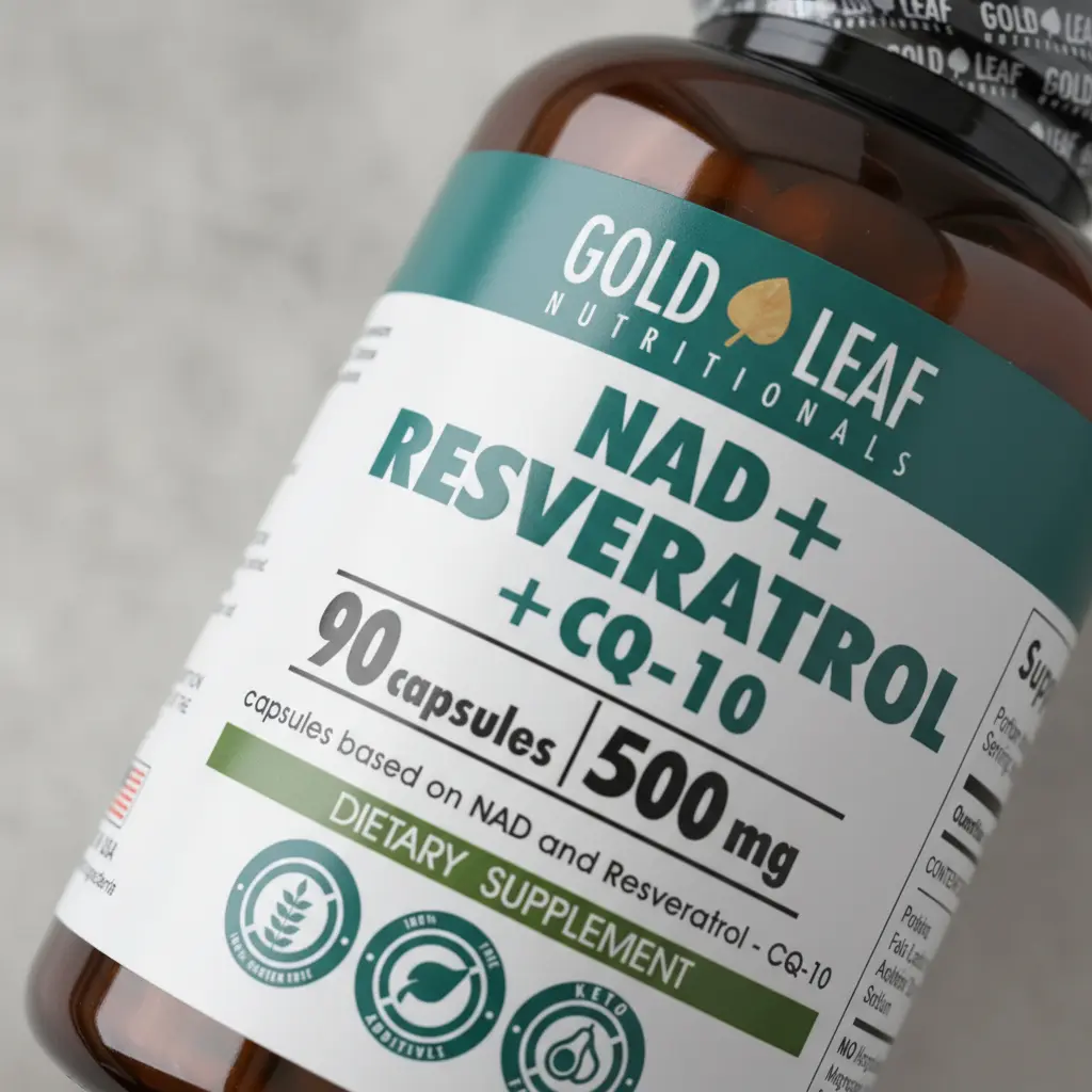 NAD+ RESVERATROL + CQ 10 GOLD LEAF 500MG 90 CAPSULAS - 5