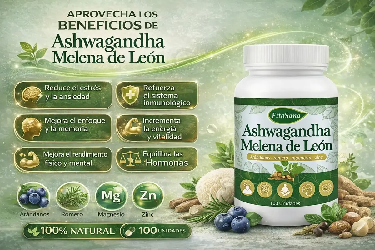 ASHWAGANDHA CON MELENA DE LEÓN FITOSANA 100 UNID. 03 FRASCOS - 2