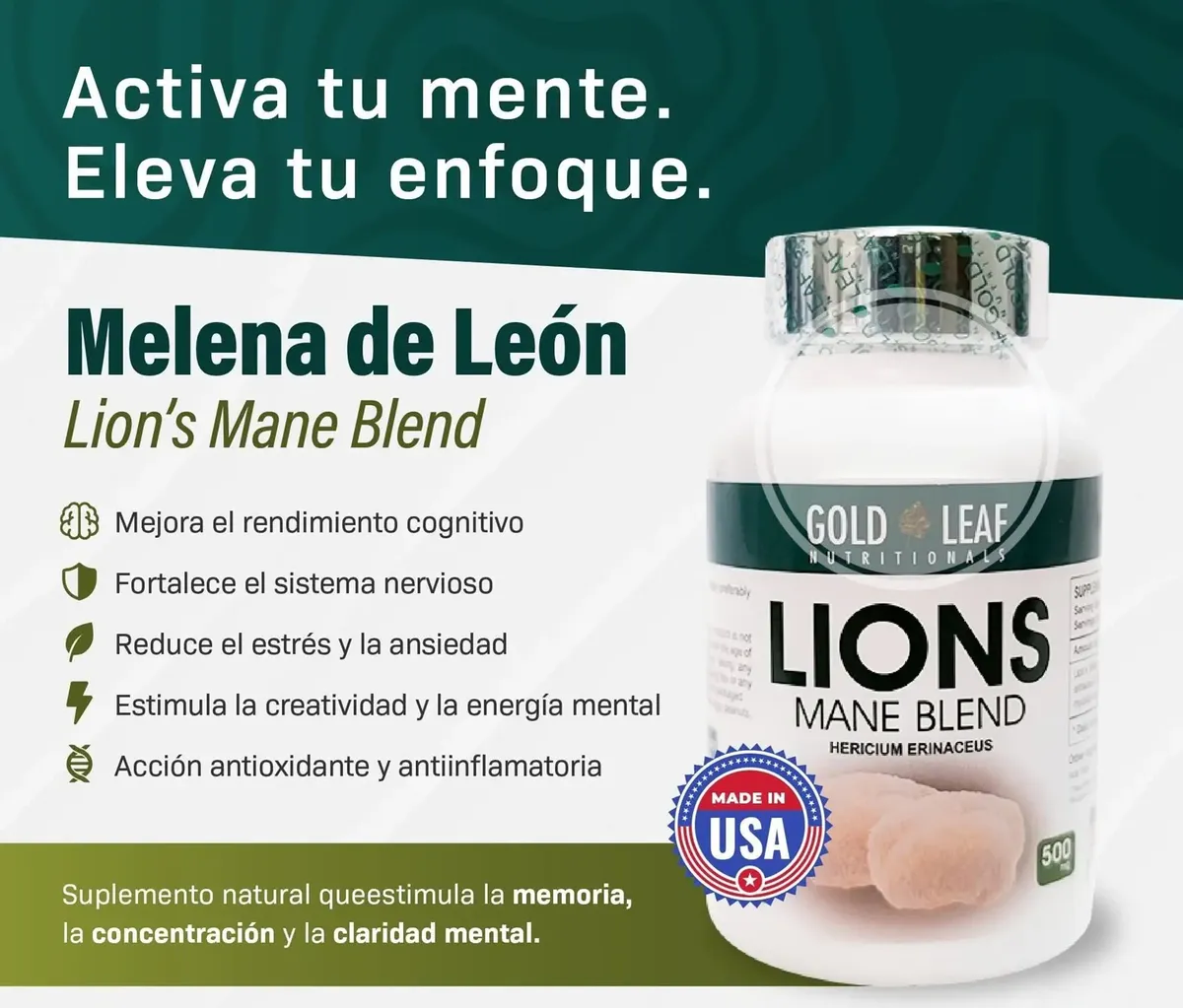 MELENA DE LEÓN 500MG GOLD LEAF AMERICANO 120 CAPSULAS - 3