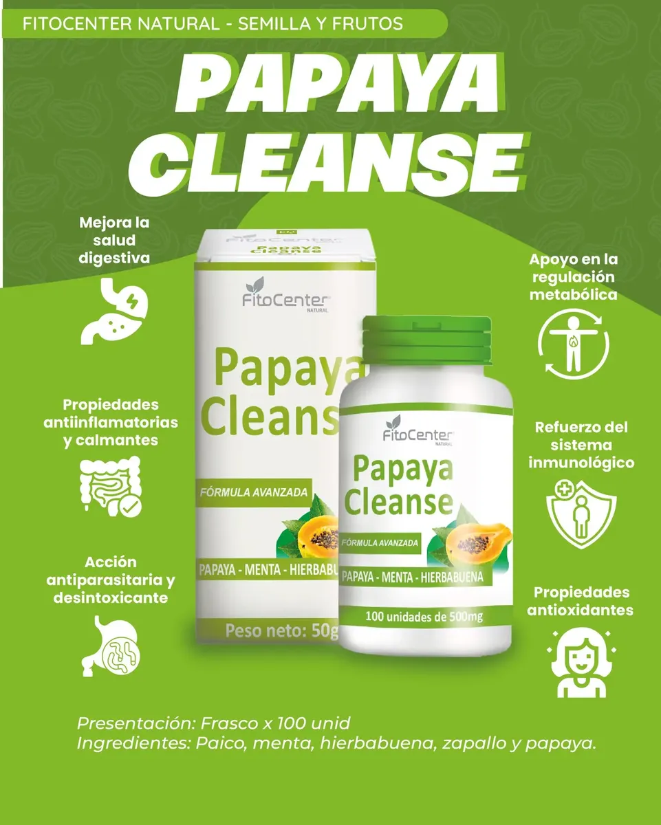 PAPAYA CLEANSE 500MG FITOCENTER LIMPIEZA DETOX 100 CAPSULAS - 2