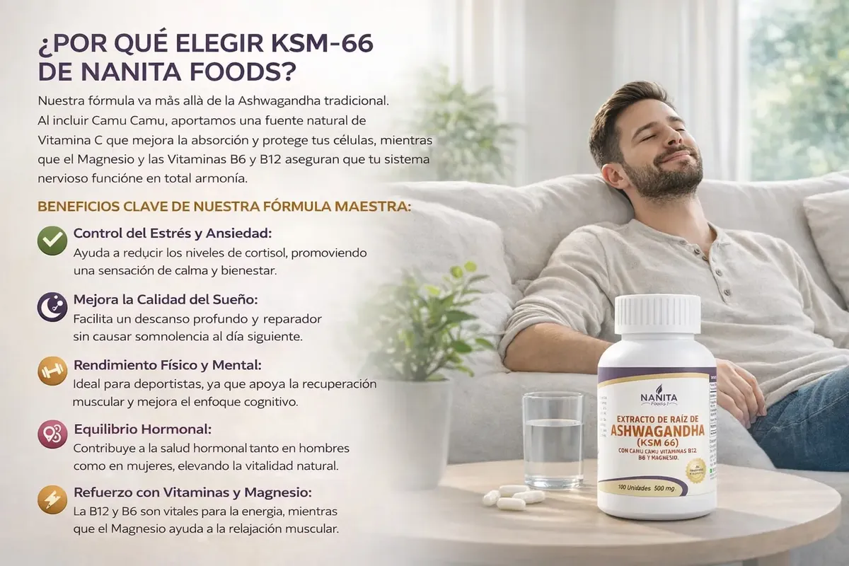 ASHWAGANDHA (KSM66) NANITA FOODS VITAMINAS B6 - B12 500MG 100 CAPSULAS - 2