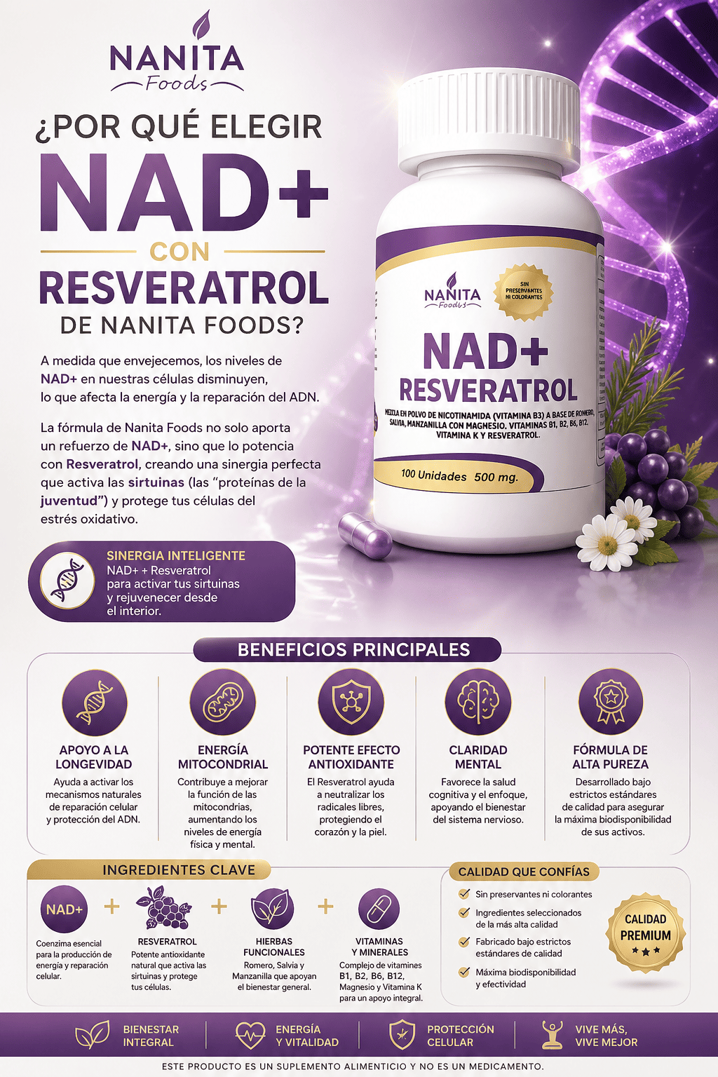NAD+ RESVERATROL NANITA FOODS ANTIOXIDANTE 100 CAPSULA 500MG - 3
