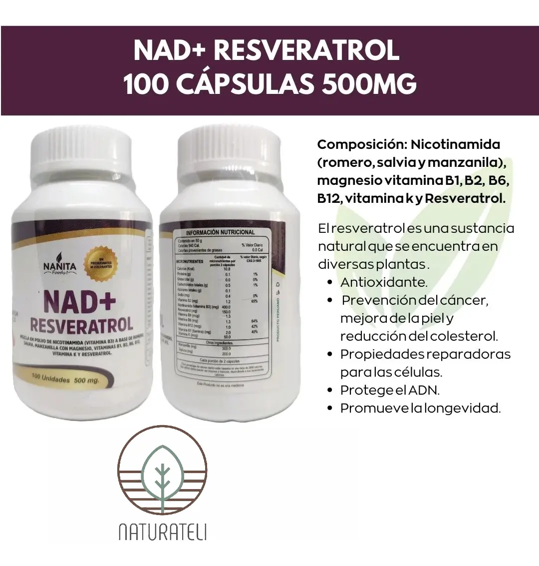 NAD+ RESVERATROL NANITA FOODS ANTIOXIDANTE 100 CAPSULA 500MG - 4