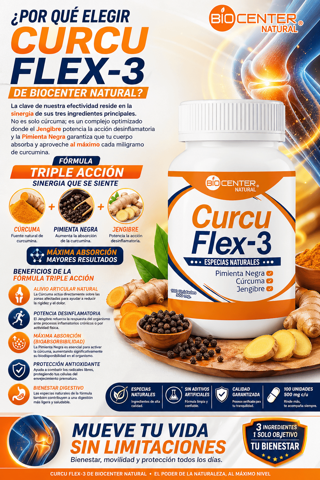 CURCUFLEX-3 BIOCENTER NATURAL DESINFLAMANTE 100 CAPSULAS - 2