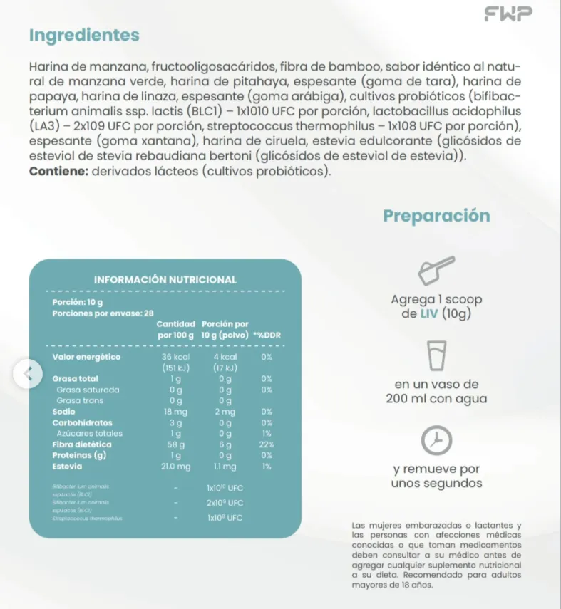 LIV FWP DIGESTION SALUDABLE CON FIBRA BAMBO PROBIOTICOS 280G - 2