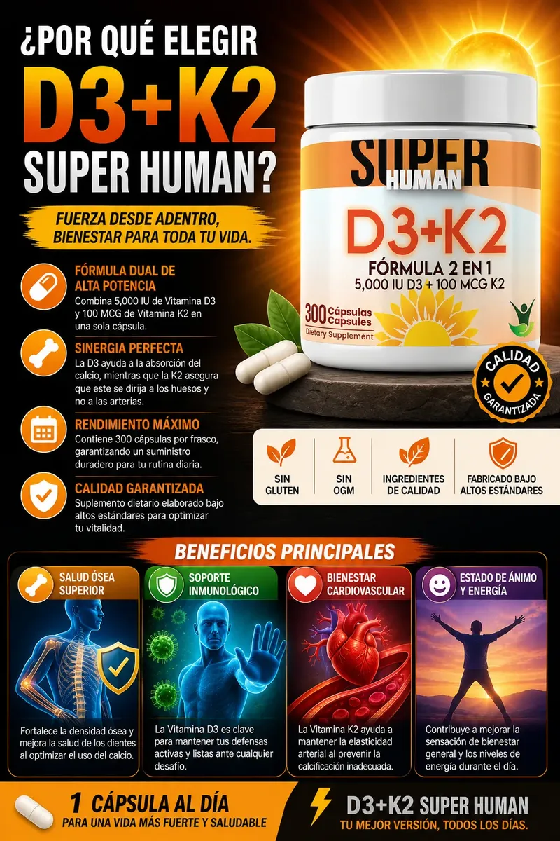 VITAMINA D3 5000 IU + K2 100 MCG SUPER HUMAN 300 CÁPSULAS - 3