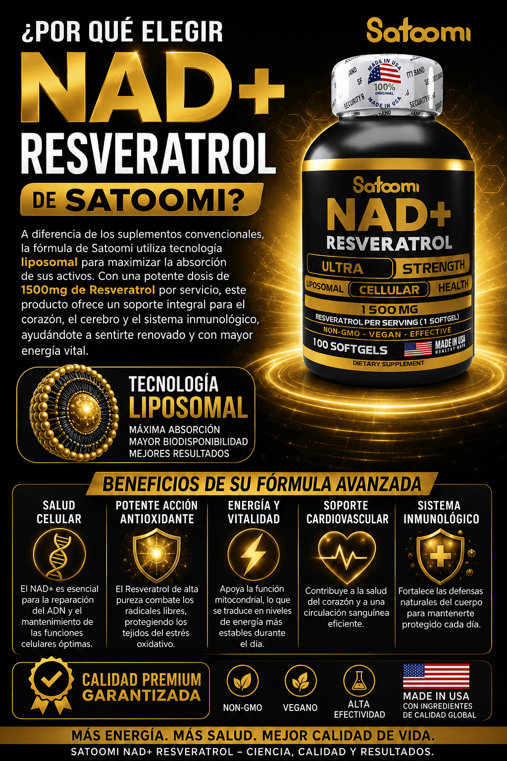 NAD + RESVERATROL AMERICANO SACTOOMI MAXIMA POTENCIA 1500MG 100 CAPSULAS - 3
