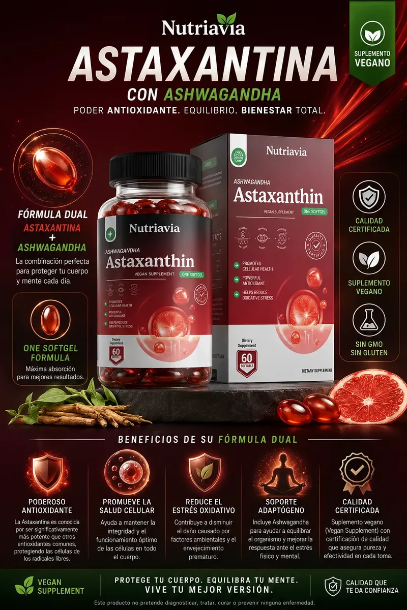 ASTAXANTINA 24MG CON ASHWAGANDA NUTRIAVIA 60 CAPSULAS - 3