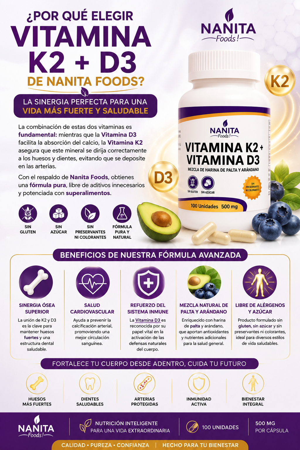 VITAMINA K2 + VITAMINA D3 NANITA FOODS 100 CAPSULAS 500 MG - 2