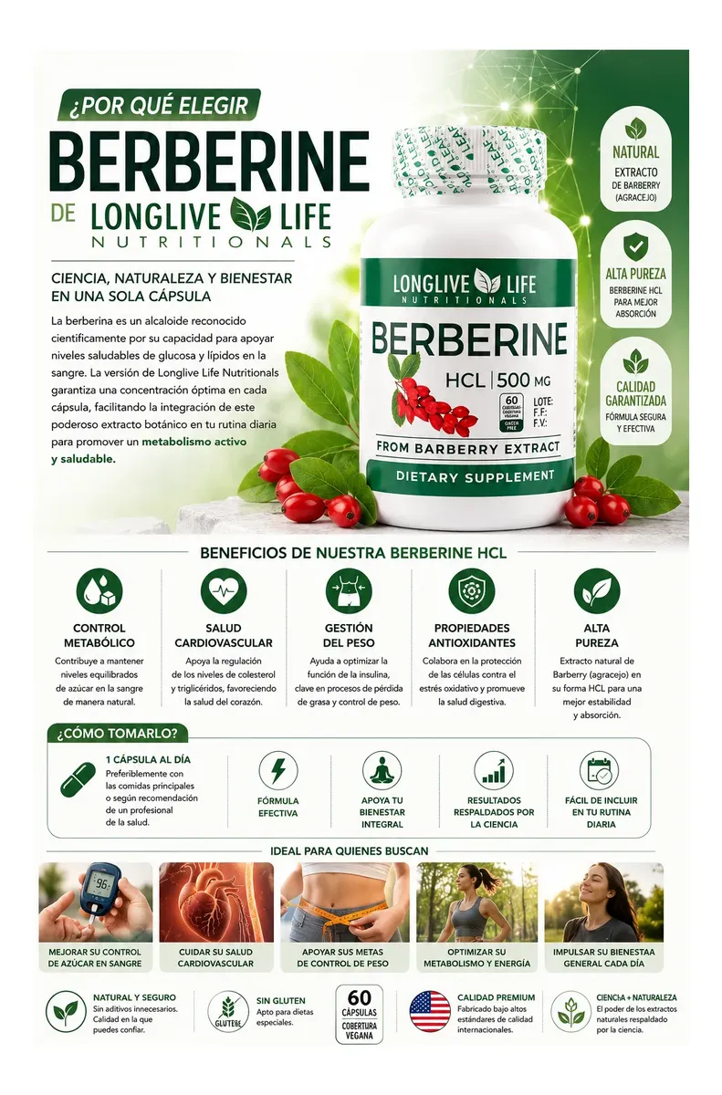 BERBERINA EXTRACTO HCL PURA 500MG LONGLIVE LIFE 60 CÁPSULAS - 3