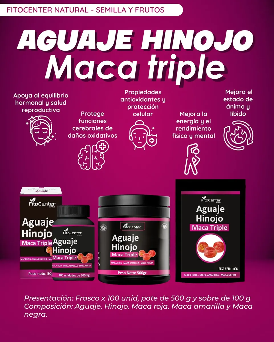 AGUAJE HINOJO MACA TRIPLE 500MG FITOCENTER 100 CAPSULAS - 3