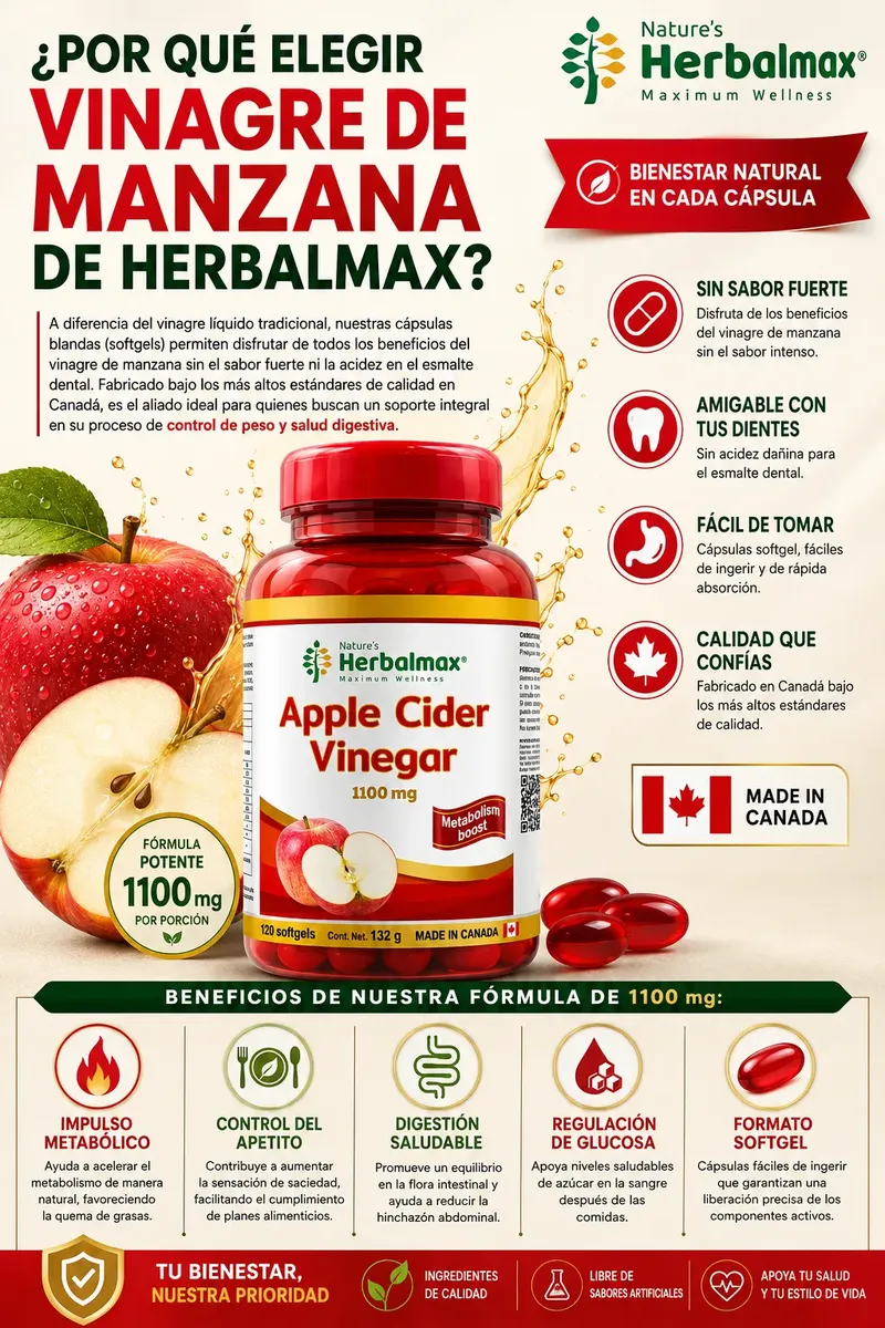 VINAGRE DE SIDRA DE MANZANA HERBALMAX 1100MG 120 CAPSULAS - 2