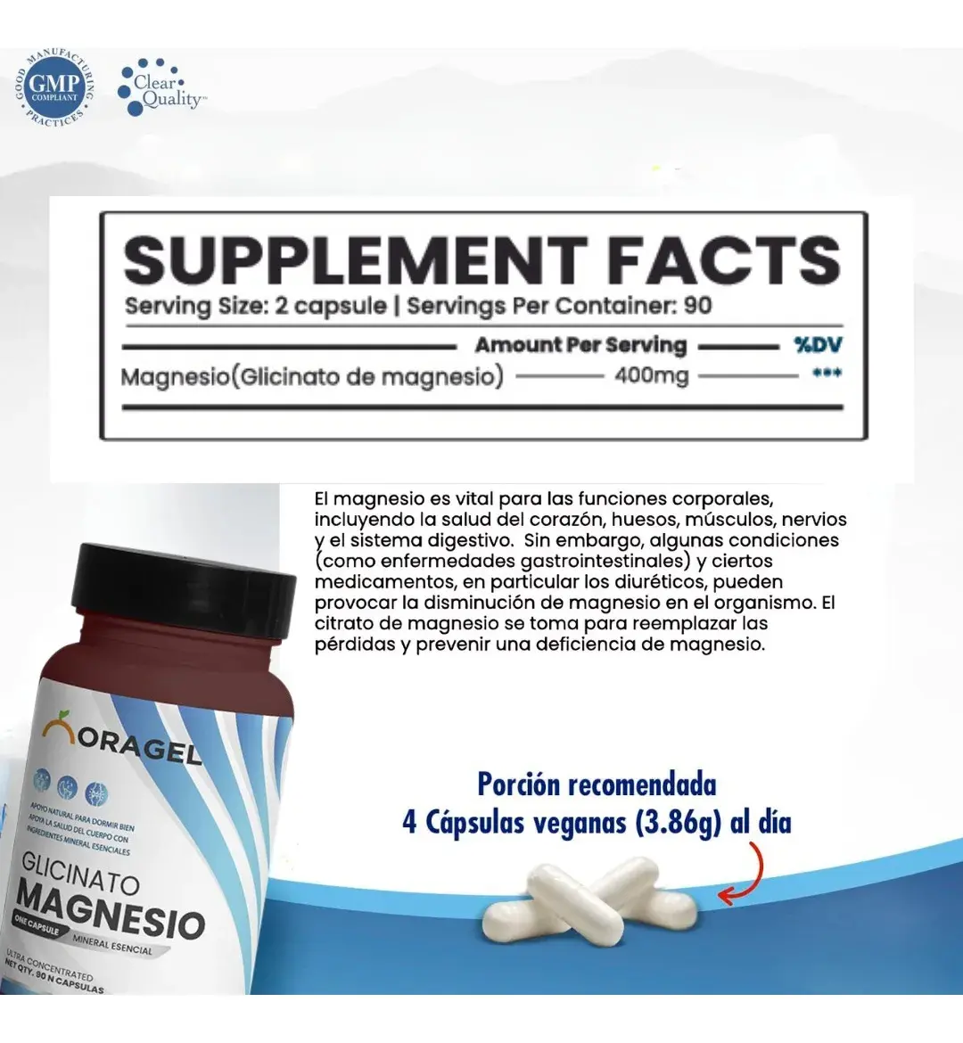 GLICINATO DE MAGNESIO 400MG ORAGEL ORIGEN ESPAÑA 90 CAPSULAS - 2