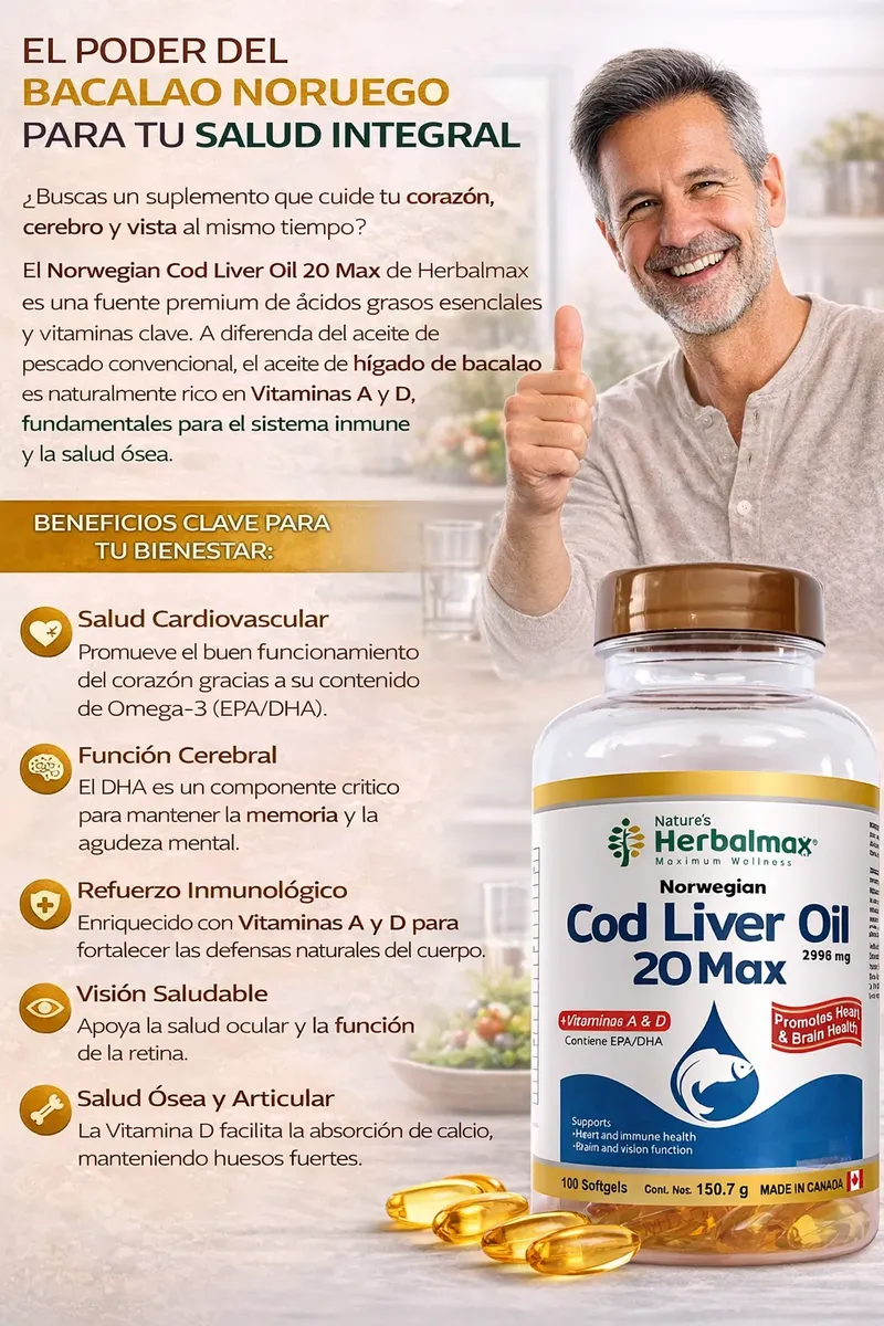 COD LIVER OIL 20 MAX HERBALMAX BACALAO 1370MG 110 CAPSULAS - 2