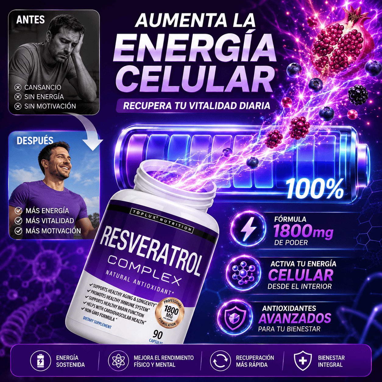 RESVERATROL COMPLEX AMERICANO TOPLUX 1800MG 90 CAPSULAS - 3
