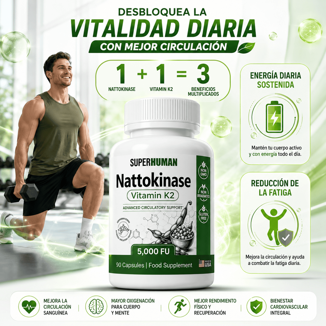 NATTOKINASE VITAMINA K2 5000FU MADE IN USA 90 CAPSULAS - 6