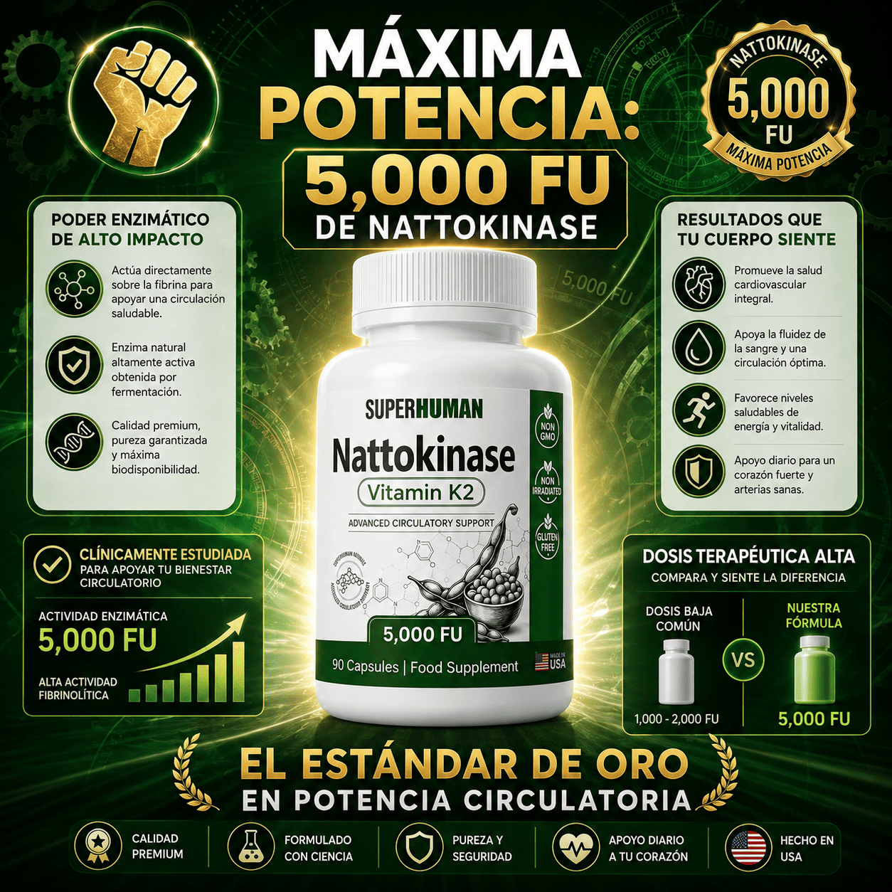 NATTOKINASE VITAMINA K2 5000FU MADE IN USA 90 CAPSULAS - 9