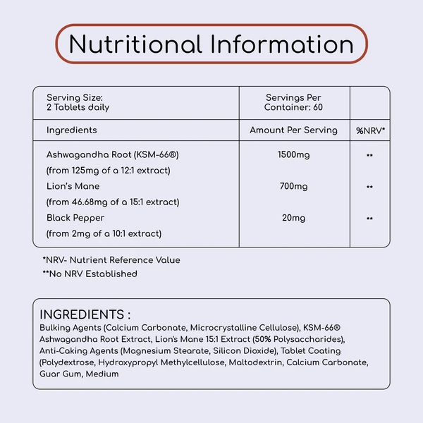 KSM 66 ASHWAGANDHA CON MELENA DE LEON 2200MG 120 TABLETAS - 2