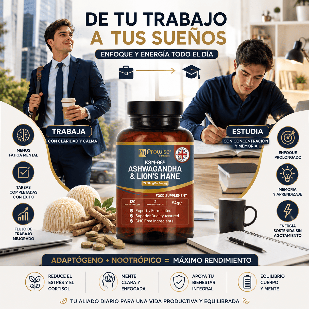 KSM 66 ASHWAGANDHA CON MELENA DE LEON 2200MG 120 TABLETAS - 3