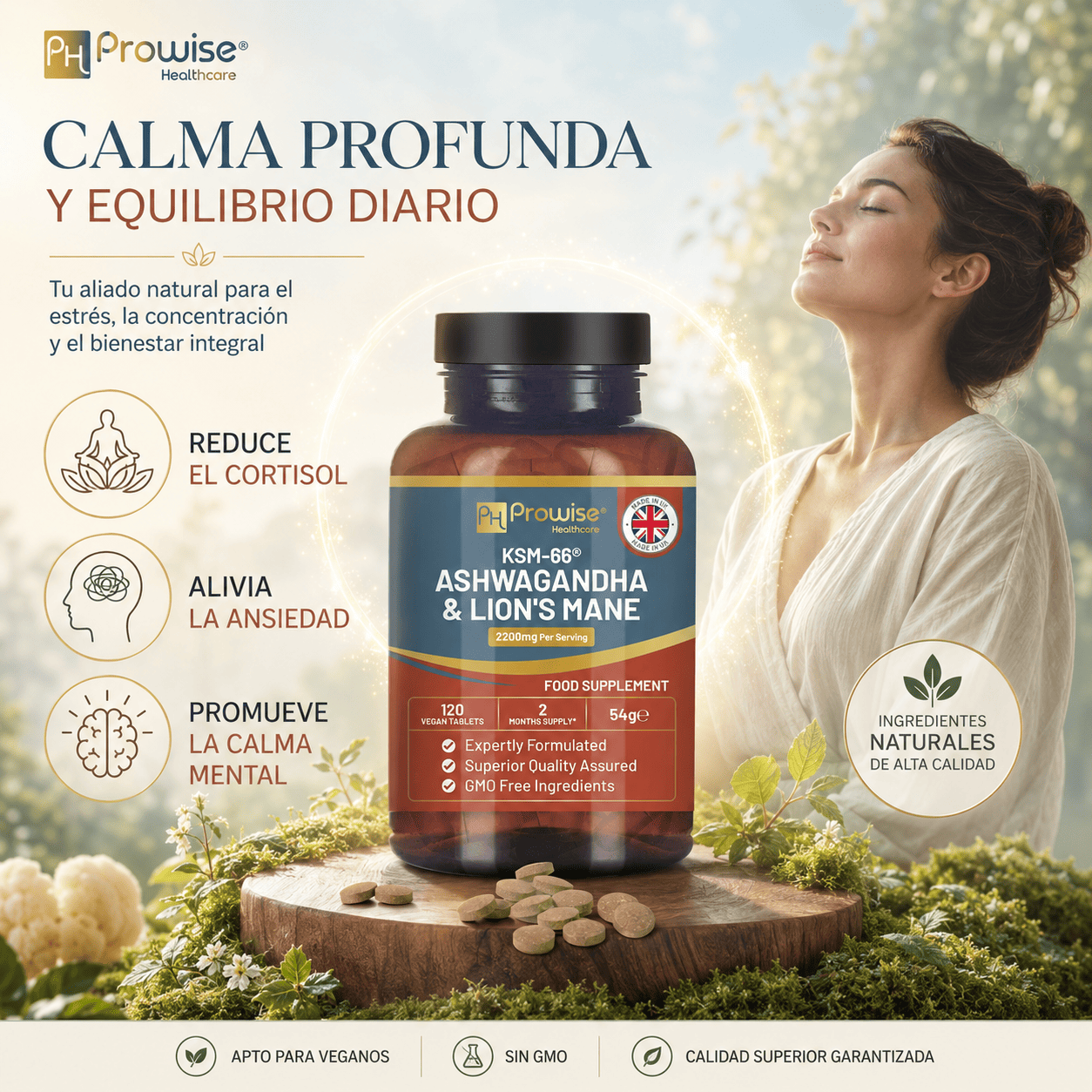 KSM 66 ASHWAGANDHA CON MELENA DE LEON 2200MG 120 TABLETAS - 4