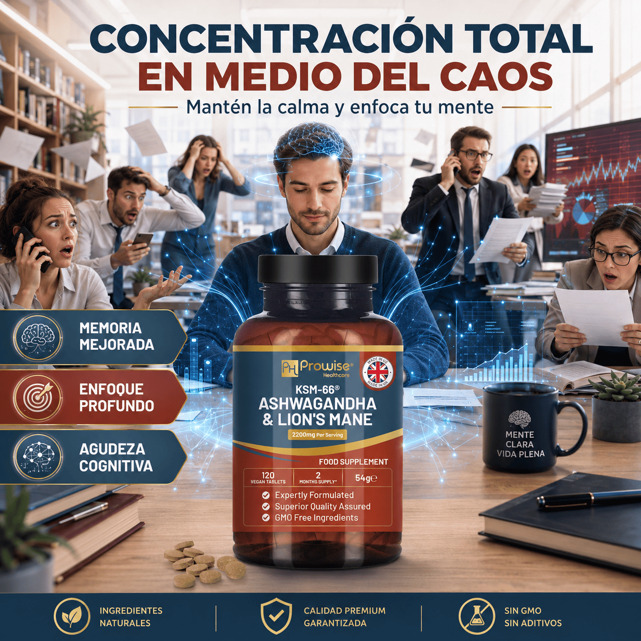 KSM 66 ASHWAGANDHA CON MELENA DE LEON 2200MG 120 TABLETAS - 5