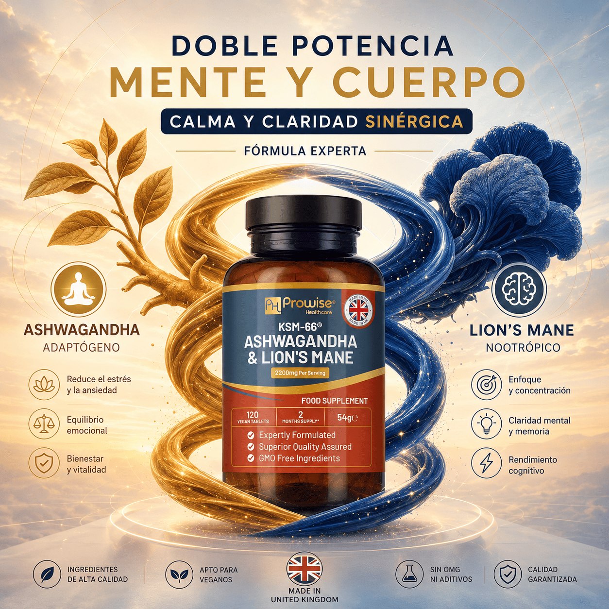 KSM 66 ASHWAGANDHA CON MELENA DE LEON 2200MG 120 TABLETAS - 6