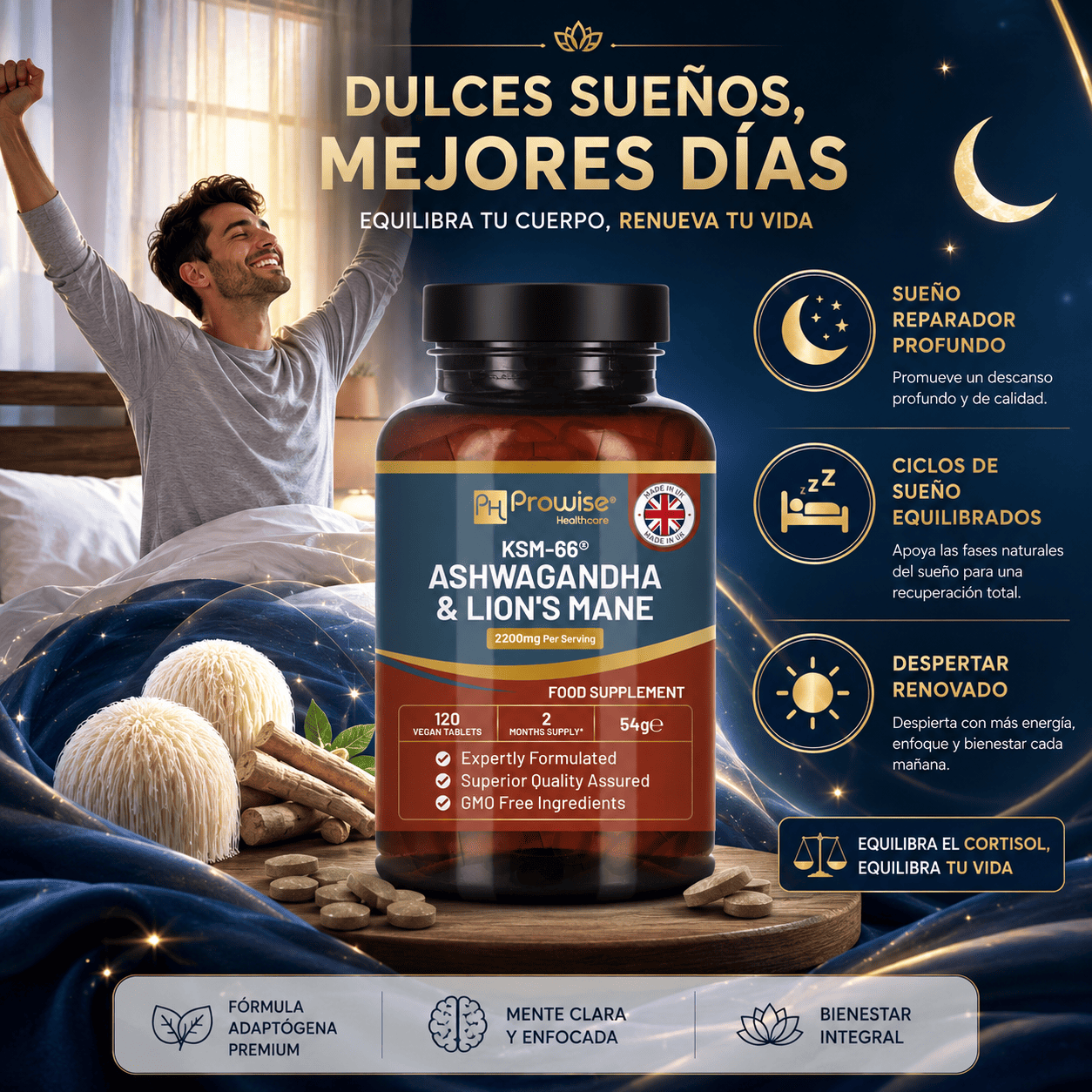 KSM 66 ASHWAGANDHA CON MELENA DE LEON 2200MG 120 TABLETAS - 7