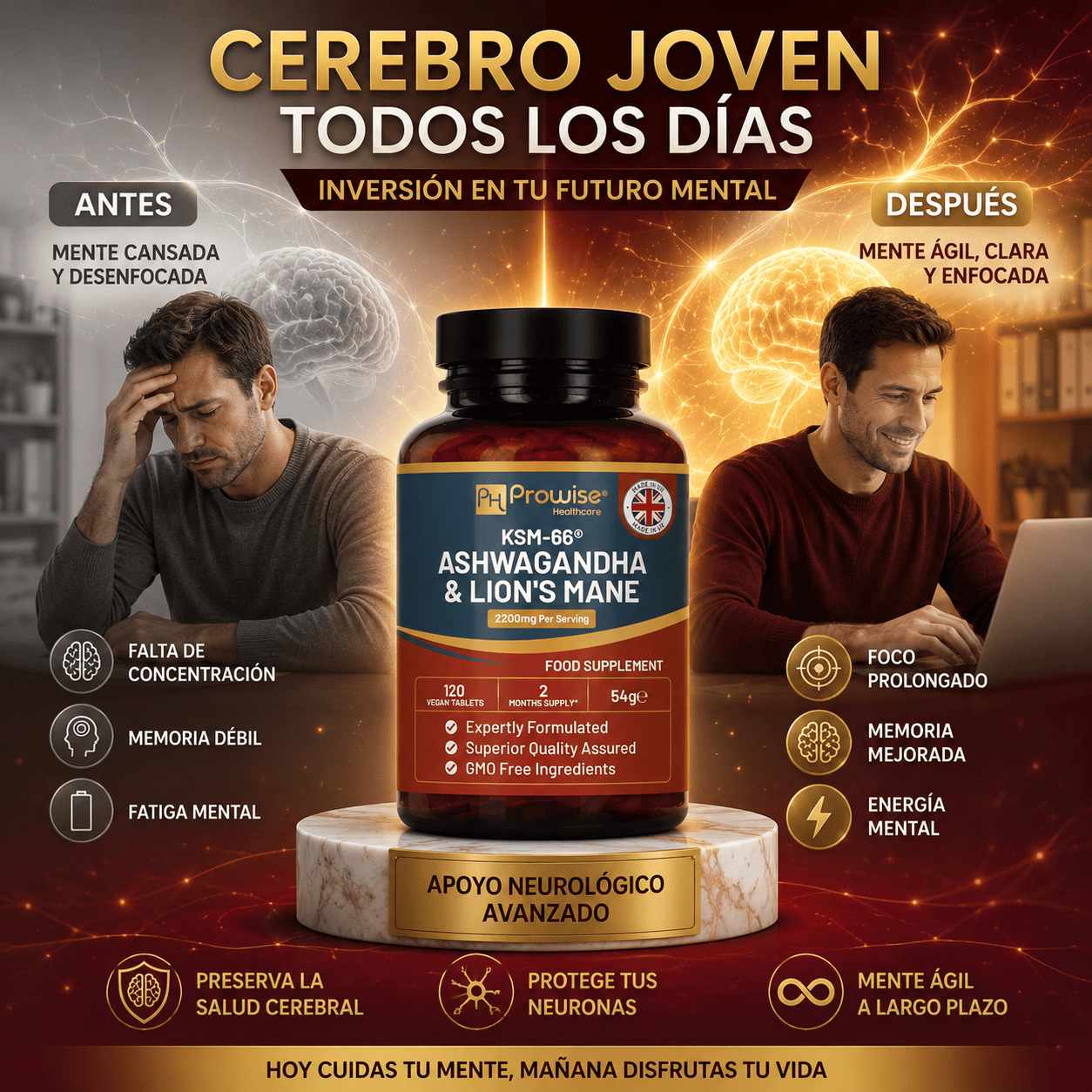KSM 66 ASHWAGANDHA CON MELENA DE LEON 2200MG 120 TABLETAS - 8