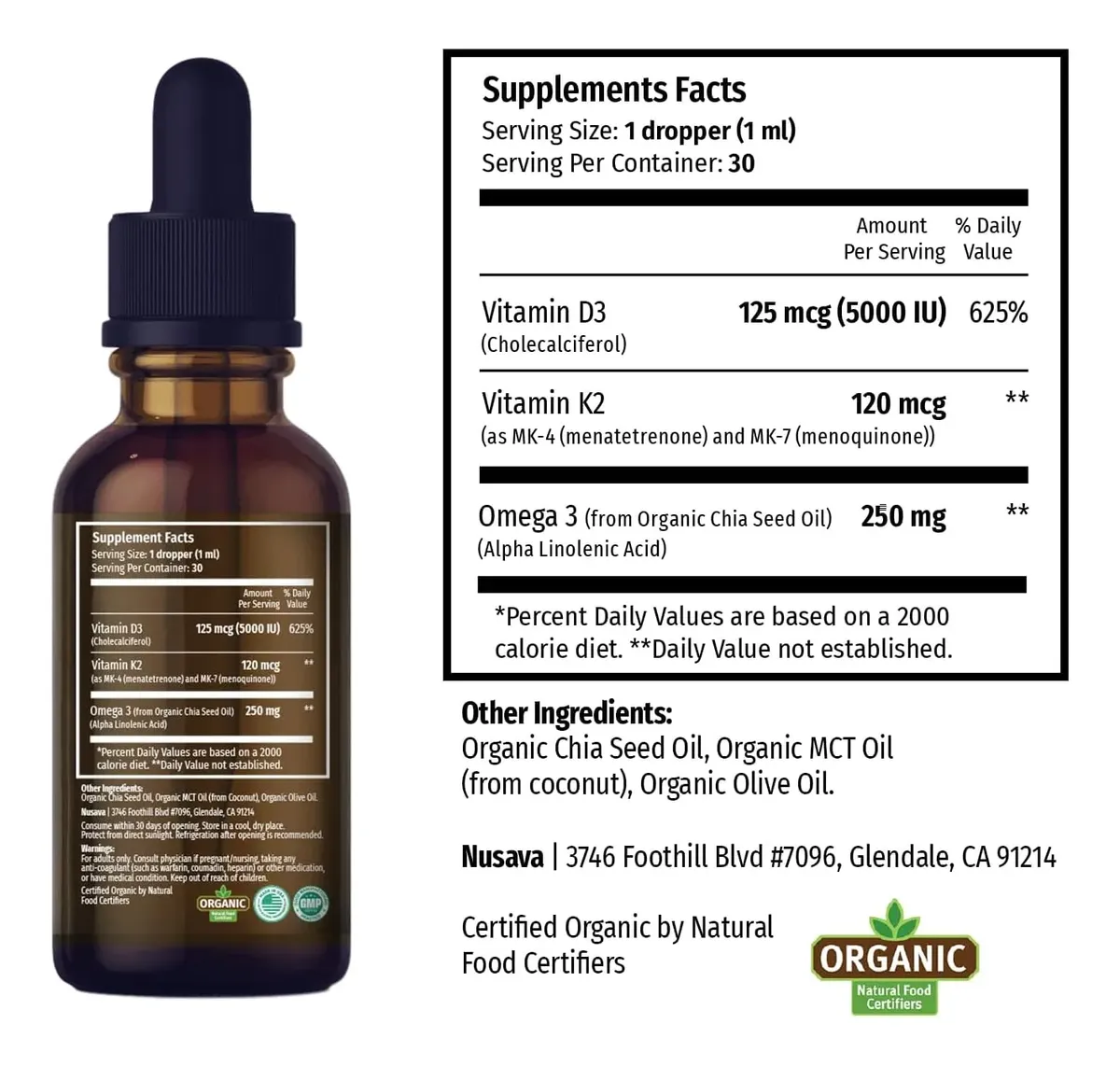 NUSAVA VITAMINA D3 + K2 OMEGA 3 MCT OIL LIQUID CALCIUM 60ML - 2