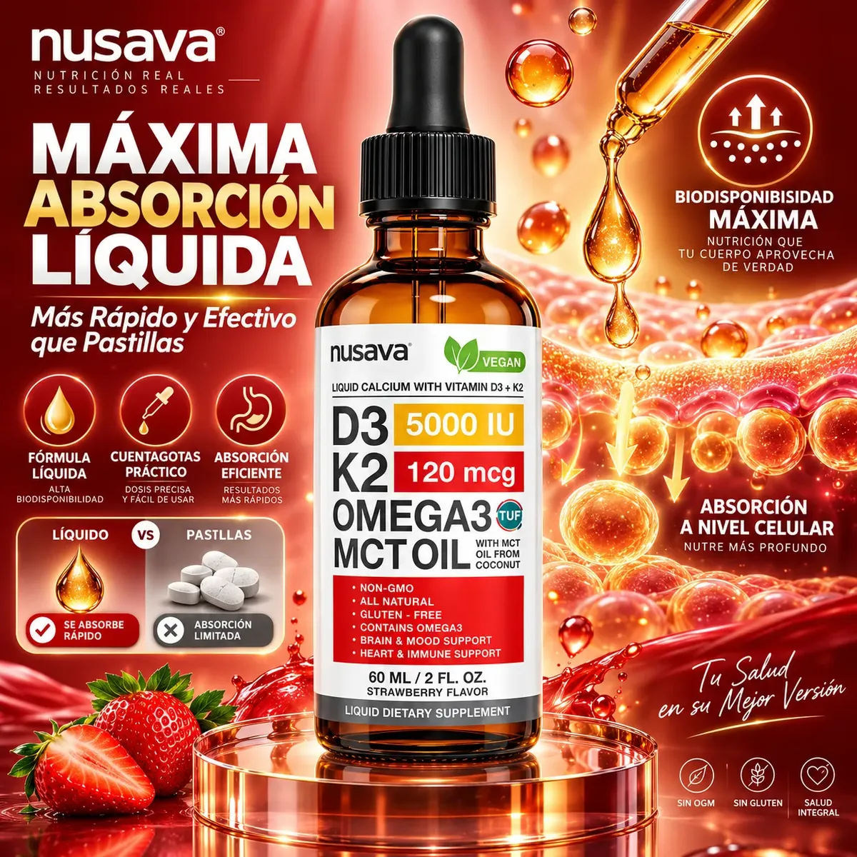 NUSAVA VITAMINA D3 + K2 OMEGA 3 MCT OIL LIQUID CALCIUM 60ML - 5