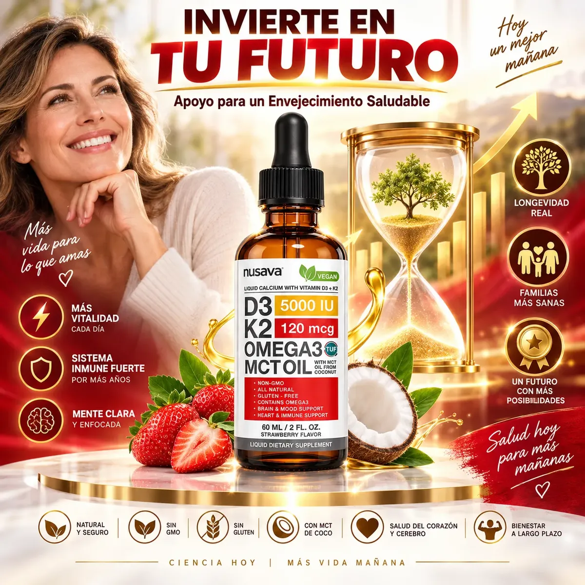 NUSAVA VITAMINA D3 + K2 OMEGA 3 MCT OIL LIQUID CALCIUM 60ML - 6